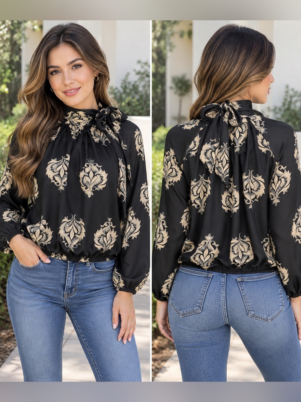 Venti6 Italy Black Beige Floral Tie Neck Blouse M NWT